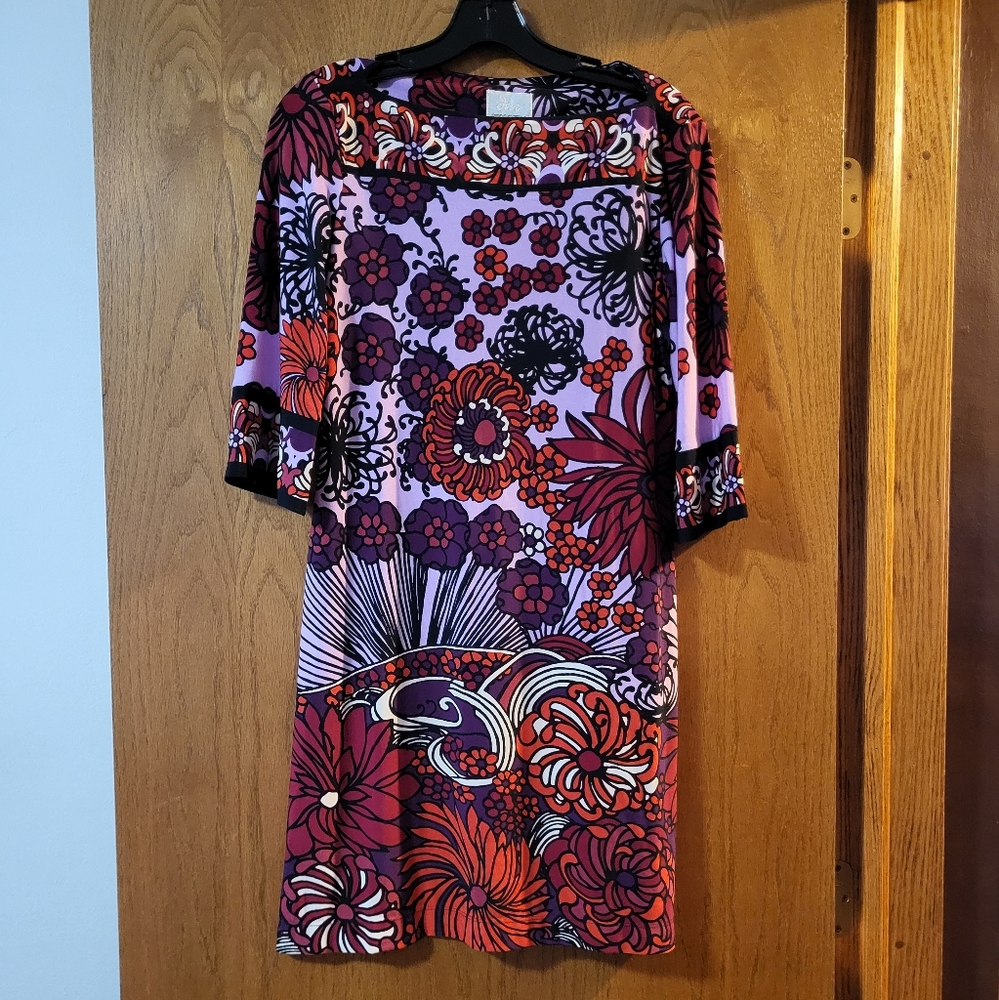 Donna Morgan 3/4th Sleeve 60s Print Dress Purple Red and Pink EUC Size 6